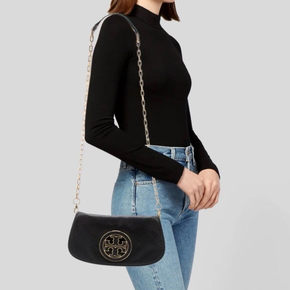 Tory Burch Reva Black Leather Purse Detachable Gold Chain Strap Crossbody Clutch